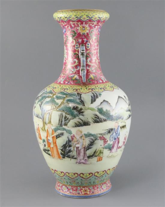 A Chinese famille rose two handled vase, possibly Republic period, H. 39.5cm